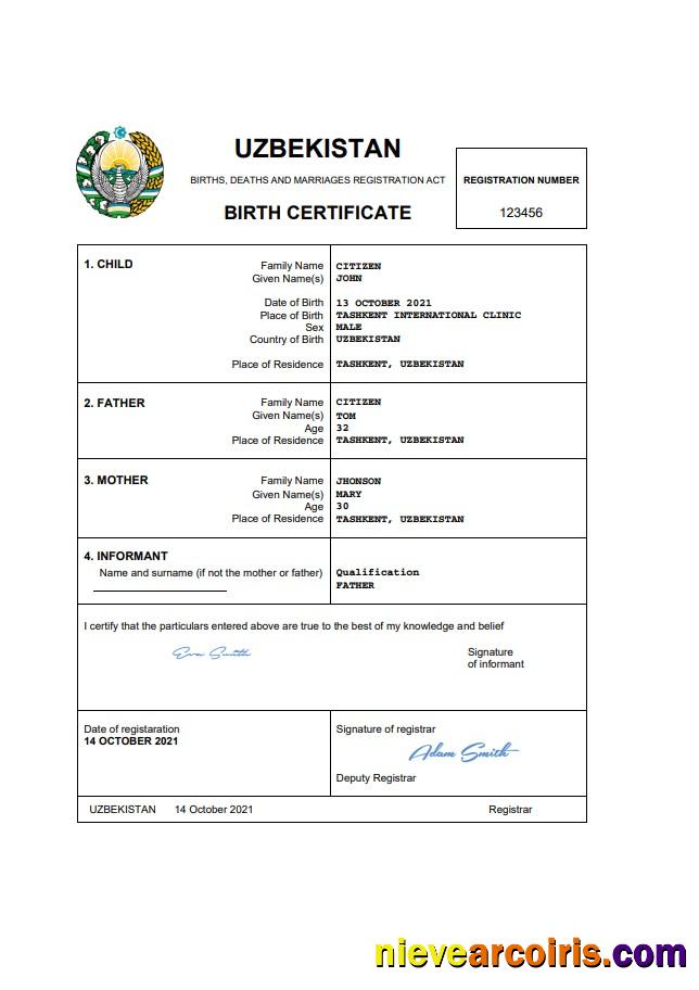 Uzbekistan vital record birth certificate
